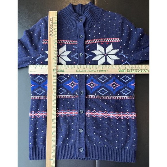 Lands End Cardigan Sweater Fair Isle Heavyweight Blue Button Up Cotton Winter S - Picture 7 of 13